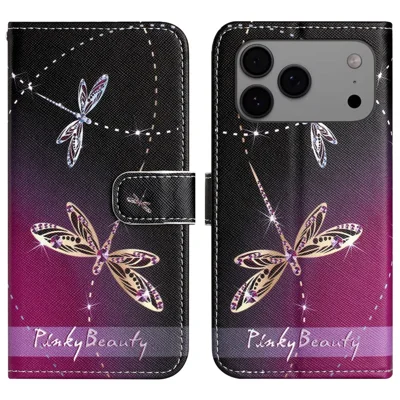 For iPhone 18 Pro Max / 17 Pro Max Case Pattern Print PU Leather Wallet Phone Cover Cross Texture - Dragonfly