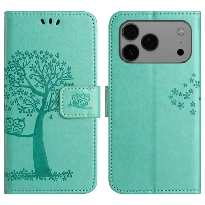 For iPhone 18 Pro Max / 17 Pro Max Case PU Leather Owl Tree Imprinted Wallet Phone Cover with Strap - Cyan