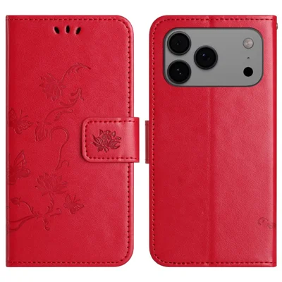 For iPhone 18 Pro / 17 Pro Case Wallet Stand Imprinted Butterfly Flower PU Leather Phone Cover - Red