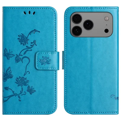 For iPhone 17 Pro Max Case Wallet Stand Imprinted Butterfly Flower PU Leather Phone Cover - Blauw