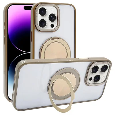 For iPhone 14 Pro Max Magnetic Case Acrylic TPU Phone Back Cover with Kickstand - Desert Gold