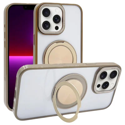 For iPhone 13 Pro Max Magnetic Case Acrylic TPU Phone Back Cover with Kickstand - Desert Gold