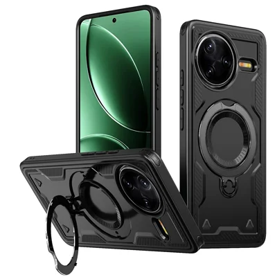 Magnetic Case For Xiaomi Redmi K80 5G / K80 Pro 5G / Poco F7 Pro 5G / F7 Ultra 5G Military Protection PC + TPU Kickstand Phone Cover - Black