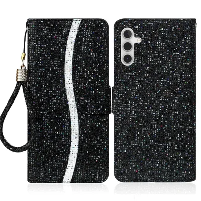 For Samsung Galaxy A14 5G / 4G Phone Case Glittery Powder PU Leather Foldable Stand Wallet Style Flip Shell with Wrist Strap - Black