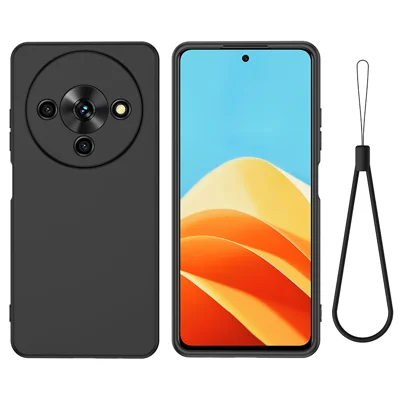 For ZTE Blade A76 5G Liquid Silicone Case Phone Back Cover with Hand Strap - Black