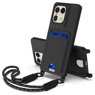 For Motorola Moto X50 Ultra 5G / Motorola Edge 50 Ultra 5G Liquid Silicone Case  Phone Back Cover with Card Holder and Short Strap - Black