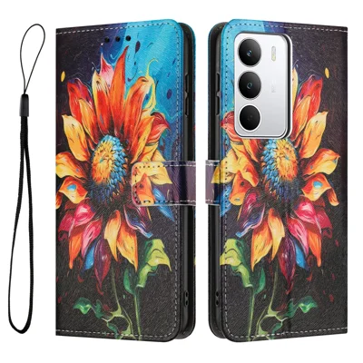 For Realme C71 4G Wallet Case Pattern Printing PU Leather Phone Cover with Lanyard - Sunflower
