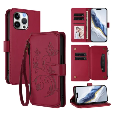 For iPhone 16 Pro Max Leather Case Butterfly Floral Imprint Zipper Wallet Stand Cover with Wrist Strap - Wine Red