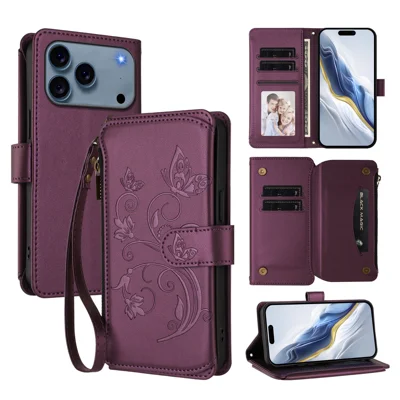For iPhone 18 Pro / 17 Pro Leather Case Butterfly Floral Imprint Zipper Wallet Stand Cover with Wrist Strap - Purple