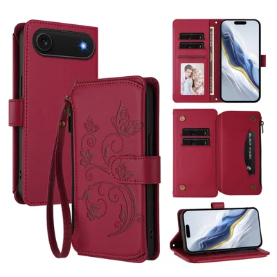 Voor iPhone Air Leren Hoesje met Bloemen- en Vlinderprint, Portemonnee- en Standhoes met Wristband - Wijnrood