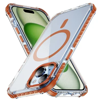 For iPhone 14 Case Crystal Clear Airbag TPU + PC Phone Back Cover Compatible with MagSafe - Orange