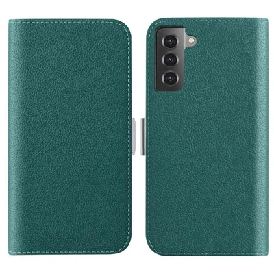 Futerał ochronny z klapką i standem dla Samsung Galaxy S23, kolorowa skóra PU o fakturze licha, kieszeń na kartki, magnetyczny zamek - ciemnozielony