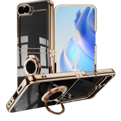 For Samsung Galaxy Z Flip5 5G Case Precise Cutouts 6D Electroplating TPU Phone Cover with Ring Holder - Black