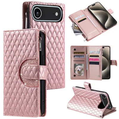 For iPhone Air Case Zipper Pocket Glitter Leather Phone Cover with Wrist Strap - Rose Gold