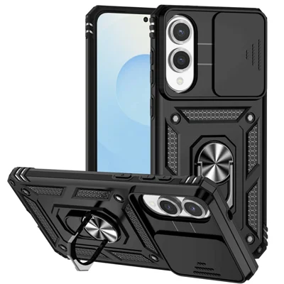 For Samsung Galaxy S25 Edge Case PC + TPU Phone Cover with Lens Protection Kickstand - Black