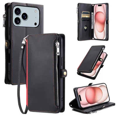 For iPhone 18 Pro Max / 17 Pro Max Case TPU + PU Leather Wallet Phone Cover with Wrist Strap - Black