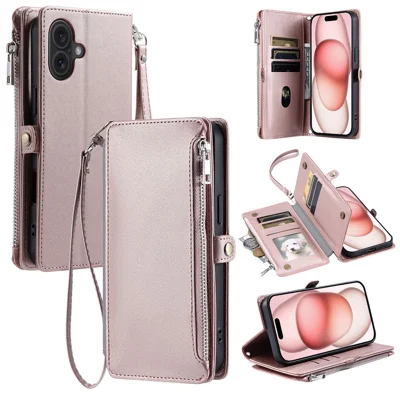 For iPhone 17 Case TPU + PU Leather Wallet Phone Cover with Wrist Strap - Rose Gold