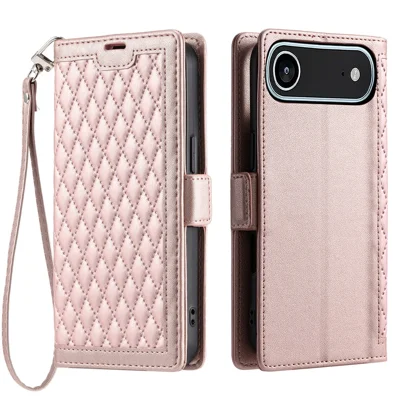 For iPhone Air Leather Case Rhombus Texture Wallet Stand Phone Cover with Wrist Strap - Rose Gold