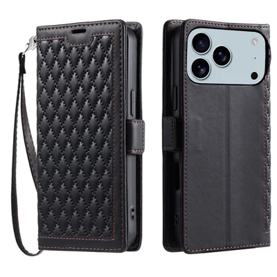 For iPhone 18 Pro Max / 17 Pro Max Leather Case Rhombus Texture Wallet Stand Phone Cover with Wrist Strap - Black