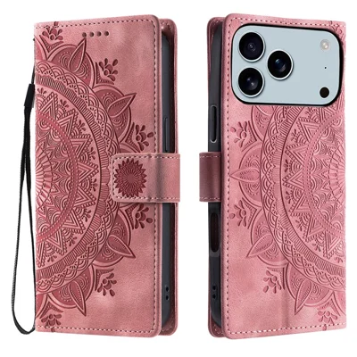For iPhone 18 Pro Max / 17 Pro Max Case Imprinted Totem Skin Feel Wallet Leather Phone Cover with Hand Strap - Rose Gold