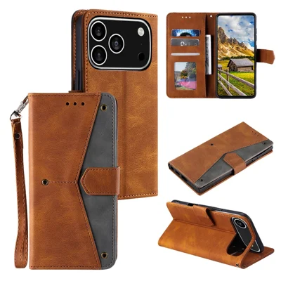 For iPhone 18 Pro / 17 Pro Leather Case Splicing Stitching Wallet Phone Cover with Wrist Strap - Brown