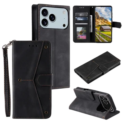 For iPhone 18 Pro Max / 17 Pro Max Leather Case Splicing Stitching Wallet Phone Cover with Wrist Strap - Black