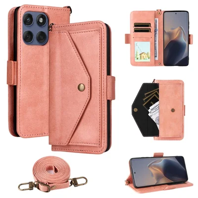 Voor Motorola Edge 60 Fusion 5G Leren Hoesje met Magnetische Sluiting Portemonnee Stand Hoes met Crossbody Band - Roze