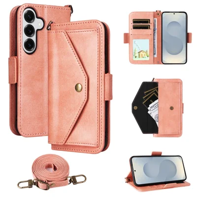 For Samsung Galaxy S25 Leather Case Magnetic Closure Wallet Stand Phone Cover with Crossbody Strap - Pink