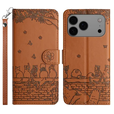 For iPhone 18 Pro Max / 17 Pro Max Case with Wrist Strap Leather Phone Cover Wall Cats Pattern - Brown