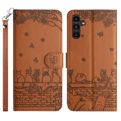 For Samsung Galaxy S25 FE Case with Wrist Strap Leather Phone Cover Wall Cats Pattern - Brown