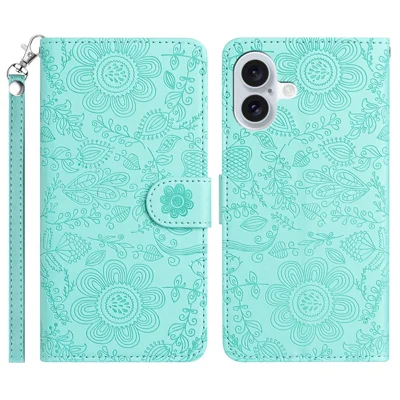 For iPhone 17 Case Flower Imprint Leather Flip Wallet Phone Cover with Wrist Strap - Light Green