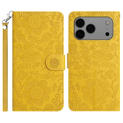 For iPhone 18 Pro / 17 Pro Case Flower Imprint Leather Flip Wallet Phone Cover with Wrist Strap - Yellow