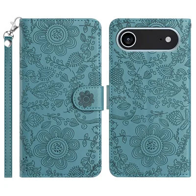 For iPhone Air Case Flower Imprint Leather Flip Wallet Phone Cover with Wrist Strap - Blackish Green