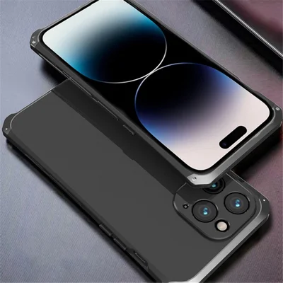 For iPhone 14 Pro 3-Piece Design Hybrid Phone Case Heavy Duty Protection PC+Metal Shockproof Armor Cover - Black  /  Black