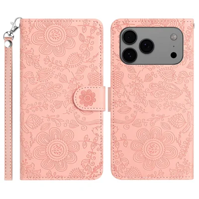 Til iPhone 17 Pro Max Etui med Blomstertryk, Læderetui med Flip og Penneholder med Håndledsrem - Pink