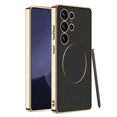 GKK For Samsung Galaxy S24 Ultra Case Electroplating PU + PC + TPU Phone Cover Support Wireless Charging - Carbon Fiber Texture