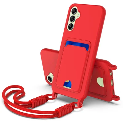 For Samsung Galaxy A14 5G / Galaxy A14 4G Liquid Silicone Case  Phone Back Cover with Card Holder and Short Strap - Red