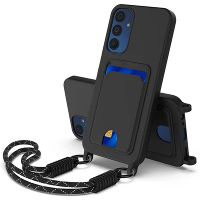 For Samsung Galaxy A15 5G / Galaxy A15 4G Liquid Silicone Case  Phone Back Cover with Card Holder and Short Strap - Black