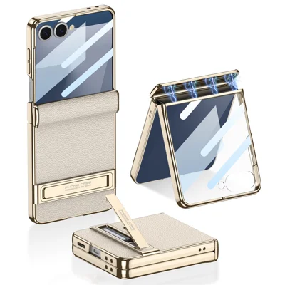 GKK för Samsung Galaxy Z Flip7 5G vinklingslåda Magnetisk gångjärnsskydd PU + PC + Härdat glas mobilskal - Titan Grå