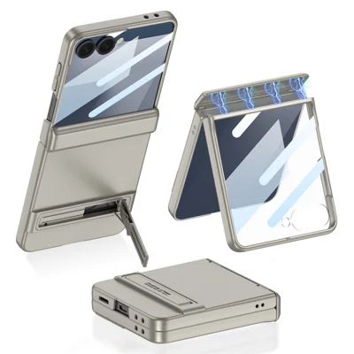 GKK för Samsung Galaxy Z Flip7 5G vinklingslåda med magnetisk gångjärnsskydd PC + telefonhölje av härdat glas – Titan Grey