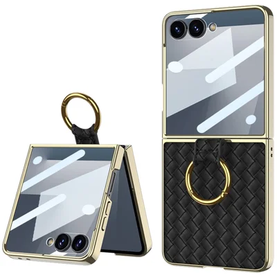 GKK For Samsung Galaxy Z Flip7 5G Phone Case Ring Kickstand Woven Pattern PU Leather Back Cover with Small Screen Film - Black