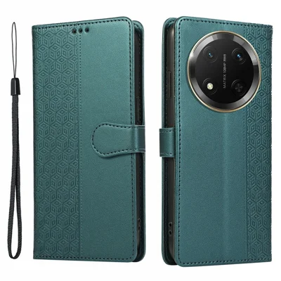 Telefonfodral till Honor X60 Pro 5G / X9c 5G / Magic7 Lite 5G, sammansatt intryckt rombformad läderluk med handledsband - Grön