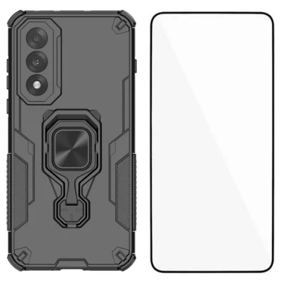 لـ هاتف OnePlus Ace 5 Ultra 5G / OnePlus Nord 5 5G، غطاء خلفي من WANLONFENG من مادة البولي كربونات والمطاط الحراري، مع حامل قابل للطي وواقي شاشة من الزجاج المقوى - أسود