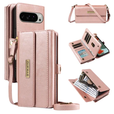 YIKATU For Google Pixel 9 Pro XL / Google Pixel 10 Pro XL Case  YK-008 Zipper Wallet Leather Phone Cover with Shoulder Strap - Rose Gold