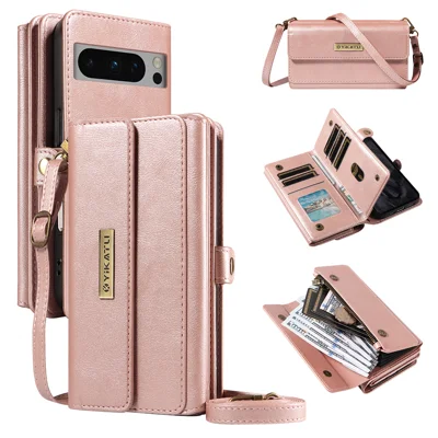 YIKATU For Google Pixel 8 Pro Case  YK-008 Zipper Wallet Leather Phone Cover with Shoulder Strap - Rose Gold