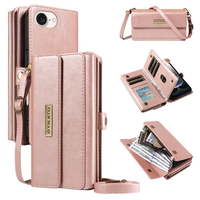 YIKATU For iPhone 17e / 16e Case YK-008 Zipper Wallet Leather Phone Cover with Shoulder Strap - Rose Gold