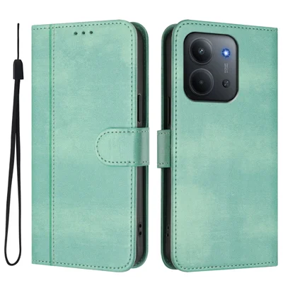For Xiaomi Redmi 15C 5G (EU) (173mm) / 15C 4G (EU) (173mm) Cases Wallet Stand Retro Texture Leather Phone Cover with Lanyard - Mint Green