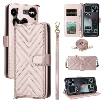 For Nothing Phone (3) 5G Case with Shoulder /  Wrist Strap Leather Phone Cover Stand Wallet - Pink
