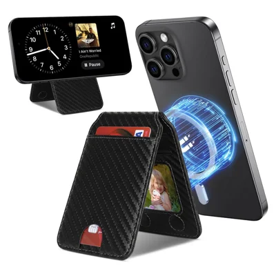 Magnetic Cellphone Back Card Bag 5 Card Slots PU Leather Phone Kickstand - Carbon Fiber / Black