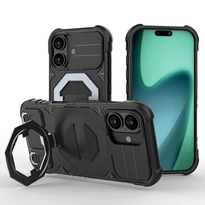 For iPhone 17 Case Compatible with MagSafe PC + TPU Kickstand Phone Cover with Lanyard - Black